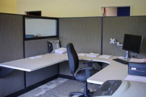 Collaborative workspace with sleek cubicles and natural light
